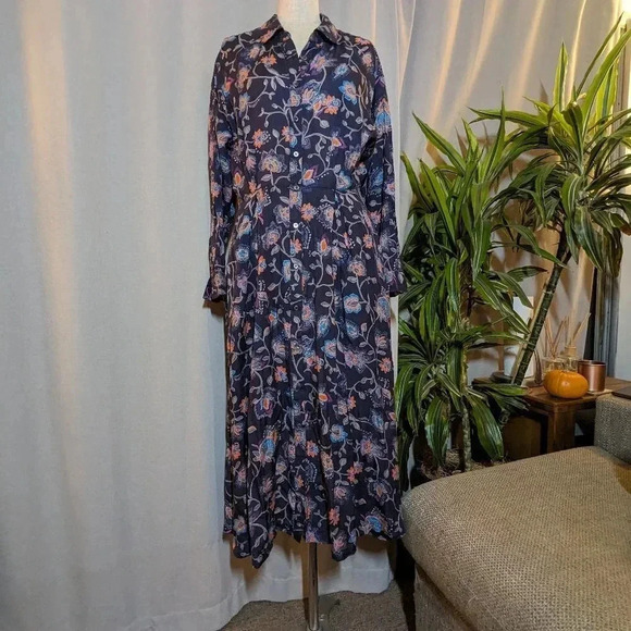 XiRENA Blue Dress Floral Pockets Midi Everr Long Sleeve Collared Small - Picture 3 of 12